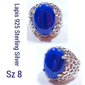 Lapis Lazuli Cabochon Blue Sparkle Specs Filigree 925 Sterling Silver Ring Sz 8